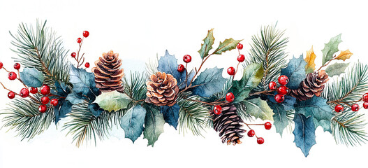 Wide Merry Christmas horizontal banner with coniferous in watercolor style garland with mix of pine branches and cones, holly berries, leaves, Xmas wreath decoration isolated on white background