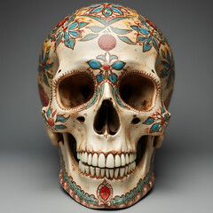 A human skull made of clay or ceramic, with intricate details and vibrant colours, featuring traditional patterns and artistic motifs.