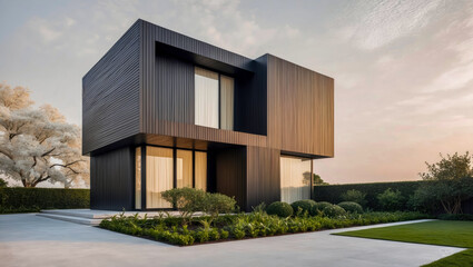 residential architecture exterior of a modern minimalist luxury cube house - villa with warm wood walls and black panels and landscape design front garden