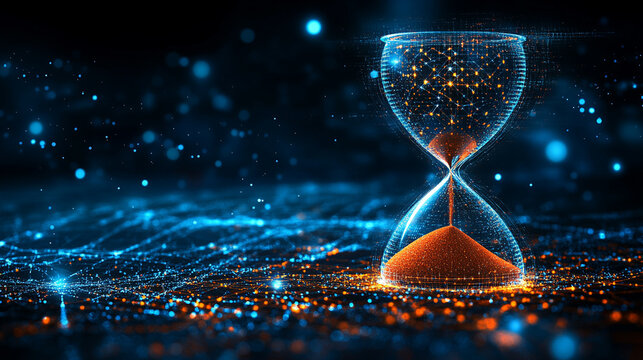 futuristic hourglass with glowing sand, set against a dark background. The slick design symbolizes time, change, and the passage of moments, creating a modern and captivating visual.