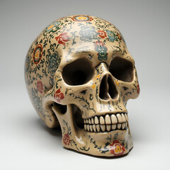 A human skull made of clay or ceramic, with intricate details and vibrant colours, featuring traditional patterns and artistic motifs.