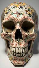 A human skull made of clay or ceramic, with intricate details and vibrant colours, featuring traditional patterns and artistic motifs.