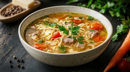 Hungarian national cuisine: Noodles with meat. 