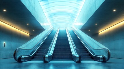 Sleek Escalator with Futuristic Lighting in Modern Interior - A sleek, modern escalator ascending towards a bright, futuristic skylight, enveloped in cool blue lighting within a minimalist interior.