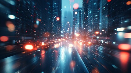 Fototapeta premium Large, with many cars, street of a big city, shot with a blurry photo effect