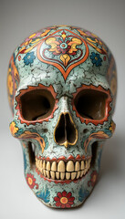 A human skull made of clay or ceramic, with intricate details and vibrant colours, featuring traditional patterns and artistic motifs.