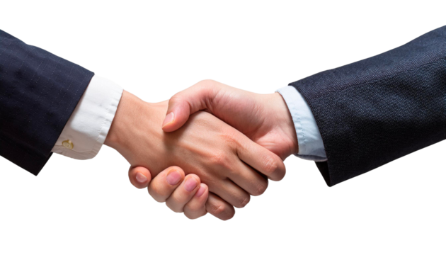 Business handshake isolated on white, transparent cutout; conceptual co