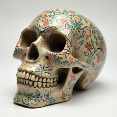 A human skull made of clay or ceramic, with intricate details and vibrant colours, featuring traditional patterns and artistic motifs.