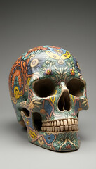 A human skull made of clay or ceramic, with intricate details and vibrant colours, featuring traditional patterns and artistic motifs.