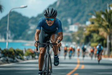 Naklejka premium Dedicated Asian cyclist training for a triathlon on a scenic coastal road under clear blue skies