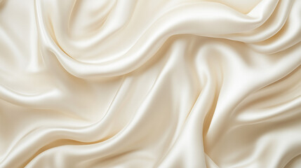 Obraz premium Close-up of cream-colored satin fabric with gentle folds and smooth texture. Textile background for interior and fashion design.