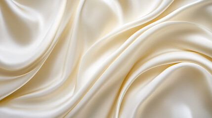 Obraz premium Smooth cream-colored satin fabric with soft folds and drapes. Close-up texture for textile and interior design.