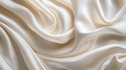 Fototapeta premium Cream-colored satin fabric with smooth folds and luxurious texture. Textile close-up for interior and decorative design.