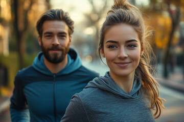 Fototapeta premium A couple embraces vitality through outdoor stretching as dawn breaks, enhancing their morning routine in nature's embrace