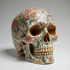 A human skull made of clay or ceramic, with intricate details and vibrant colours, featuring traditional patterns and artistic motifs.