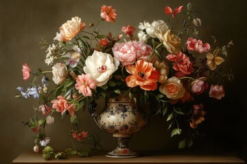 Fototapeta premium A vase filled with a variety of flowers is displayed on a table, generative ai image