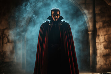 Naklejka premium A powerful figure conjures magical defenses in a shadowy castle at twilight, cloaked in mystery and splendor