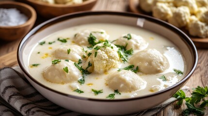 Hungarian national cuisine: Milk soup with dumplings and cauliflower.