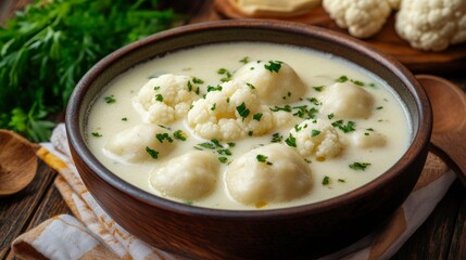 Hungarian national cuisine: Milk soup with dumplings and cauliflower.