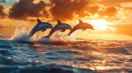 Fototapeta premium herd of dolphins fish jumping from water on sunset sea 