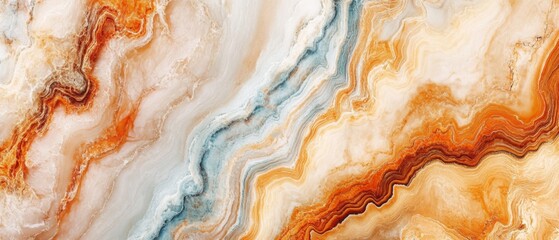 A large piece of art with a blue and white stripe and orange and brown swirls