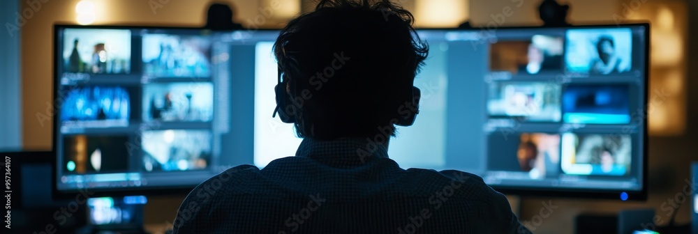Poster an editor concentrates on post-production work at a workstation, surrounded by multiple monitors dis