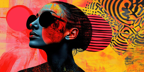 Vibrant artistic portrait of woman with bold colors and geometric patterns