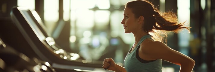 A woman demonstrates her commitment to fitness while running on a treadmill in a modern gym,...