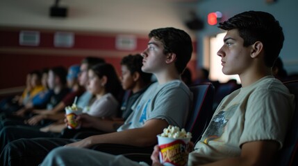 College Movie Night: Freshmen Students Enjoying Film Screening with Popcorn in Auditorium