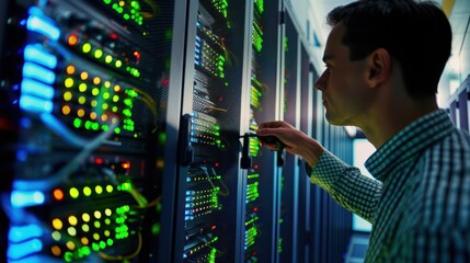Server Room Technician Working on Network