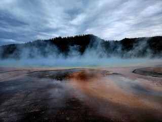 Steamy evening at Grand Prismatic in Yellowstone National Park