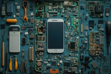 A smartphone lies on a board of computer parts. The smartphone is surrounded by different computer parts, illustrating the components used to build a phone.
