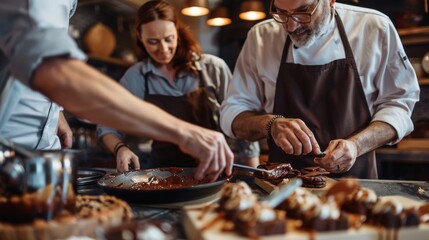 Middle-Aged Friends Enjoying Gourmet Dessert Cooking Class with Expert Chef Present