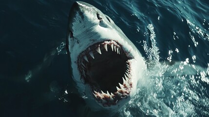 Obraz premium A great white shark opens its mouth wider in a body of water
