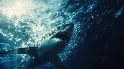 Naklejka premium Great white shark with mouth open, swimming in sunlit water