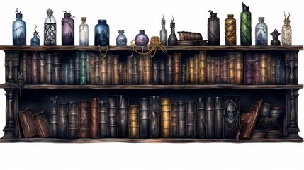 Old vintage colorful magic books on a bookshelf in dark room. Neural network ai generated art