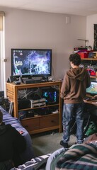 Dorm Room Setup for Entertainment and Study: Students Arranging TV and Gaming Console