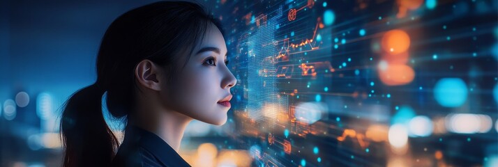 An Asian female cybersecurity analyst focuses intently on a holographic data interface, displaying vibrant digital information in a dynamic cityscape during nighttime