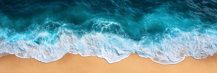 Bright sunlight illuminates the tranquil blue ocean waves as they softly wash onto a golden sandy beach, creating a peaceful coastal scene perfect for relaxation