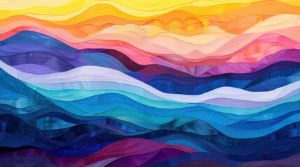 Obraz premium Abstract layered paper art with yellow, orange, purple, and blue waves.