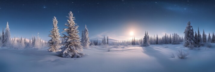 Fototapeta premium A peaceful winter night unfolds with snow-covered trees standing tall against a clear sky. Moonlight reflects off a quiet frosty ground, creating a tranquil atmosphere