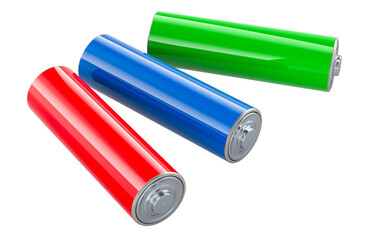Batteries size AA, different color. 3D rendering isolated on transparent background