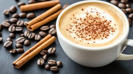 Fototapeta premium A rustic ceramic cup filled with frothy coffee sits beside cinnamon sticks and scattered coffee beans, creating a warm, inviting atmosphere in soft, warm tones
