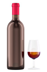 Bottle of wine and glass with wine, 3D rendering isolated on transparent background