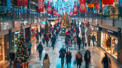 Obraz premium Christmas Sale Shoppers in a Festive Department Store with Holiday Discounts