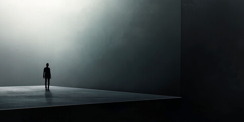 Silhouetted figure in minimalistic surreal space with dramatic lighting and abstract composition