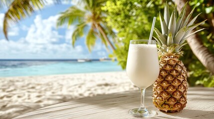 A refreshing pina colada is elegantly garnished with a slice of pineapple, placed on a table at an outdoor bar, illuminated by warm sunlight