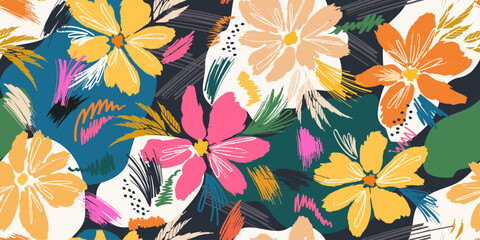Modern seamless floral pattern. Background collage of large flowers with brush strokes. Various botanical geometric line elements are brightly scattered. Vector for printing on fabric, wallpaper, clot