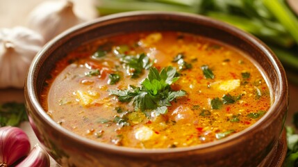 Hungarian national cuisine: Hungarian Chorba soup with mint and garlic.