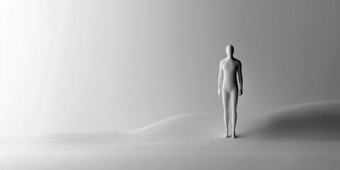 Abstract minimalist figure on digital wavy surface in monochrome setting